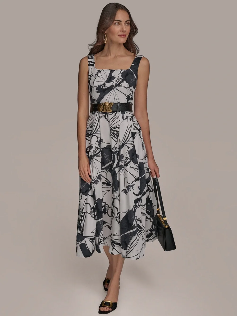 Donna Karan Black & White Floral Square-Neck Midi Dress